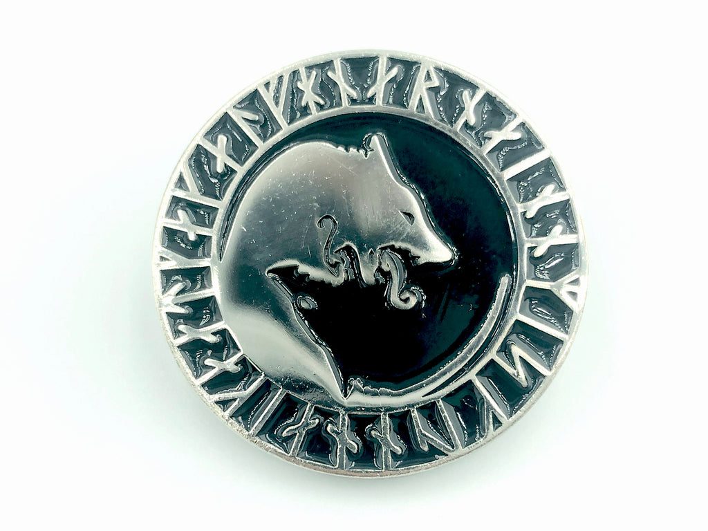 Wolf Geri and Freki Norse Rune Viking Metal Pin Badge Brooch